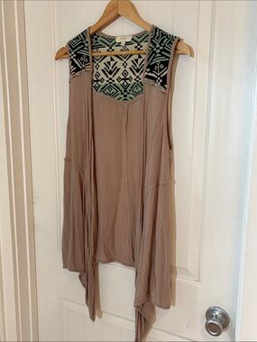 Umgee Sleeveless Taupe Draped Vest with Patterned Mint Trim
